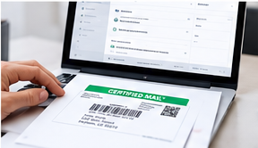 Typing on a laptop to create USPS Certified Mail labels