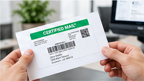 Certified Mail barcode label on a white envelope