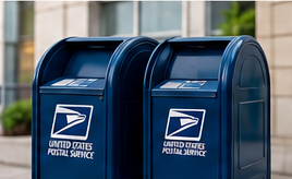 Two blue USPS collection mailboxes