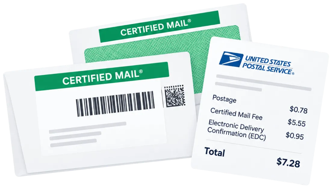 Certified Mail envelope and USPS receipt itemizing postage, Certified Mail fee and Electronic Delivery Confirmation for a total of $7.28