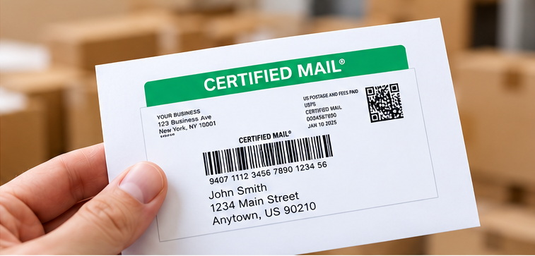 Hand holding a USPS Certified Mail envelope with barcode label