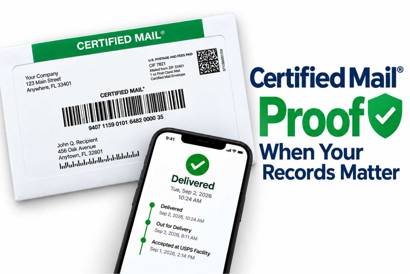 Certified Mail envelope with a USPS barcode beside a phone showing a Delivered tracking timeline, next to the words Certified Mail Proof When Your Records Matter